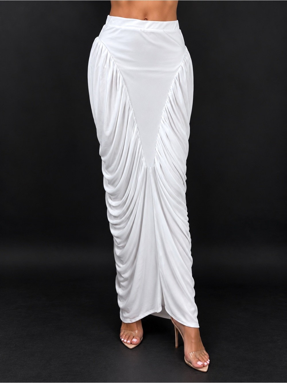 AKIRA White Ruched Draped Maxi Skirt High Waist Statement NWT